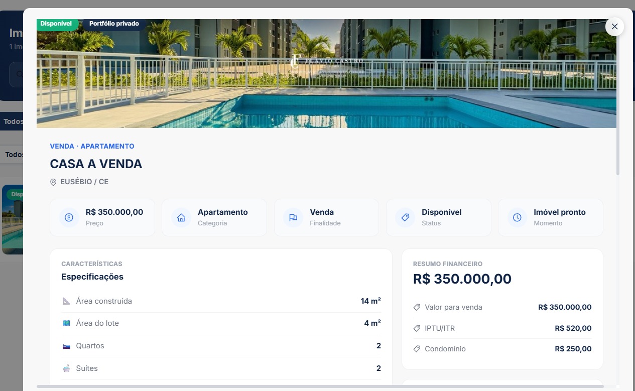 Detalhe de um imóvel na Lance, com preço, especificações e resumo financeiro